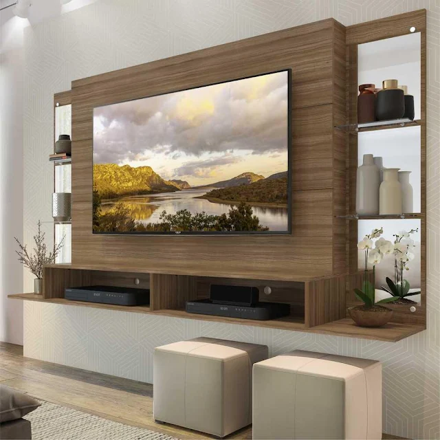 decoração de sala de estar com painel amadeirado