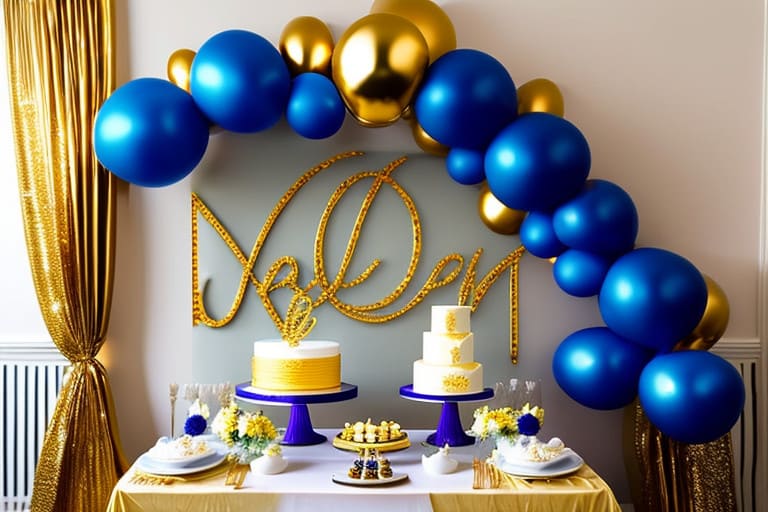 decoración con globos azul rey y dorado