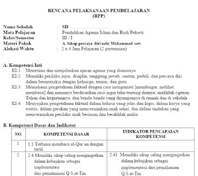 Download contoh format RPP PAI BP Kelas 3 Kurikulum 2013 Revisi 2018 Semester 1 dan 2