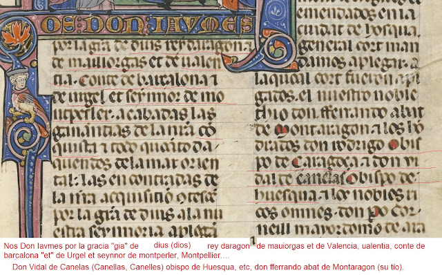 Nos Don Iavmes por la gta (gratia, gracia) de dius, (dios) rey daragon "et" (símbolo que parece un 7) de mauiorgas (no leo exacto lo que pone, Mallorcas) et de ualentia (parece ualen+letra pi+a), conte de barçalona et de urgel et seynnor de montperler, Montpellier....  (Montis Pesulani)