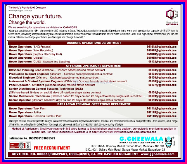 Qatar Gas  Free Recruitment 2013 LNG Company,Qatar | G.Gheewala Consultants Jobs- Offshore Jobs