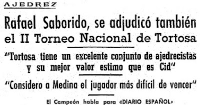 Recorte del Diario Español sobre el Torneo Nacional de Ajedrez de Tortosa 1950