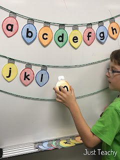 Christmas Lightbulb letters: alphabetical order, sight words, www.JustTeachy.com