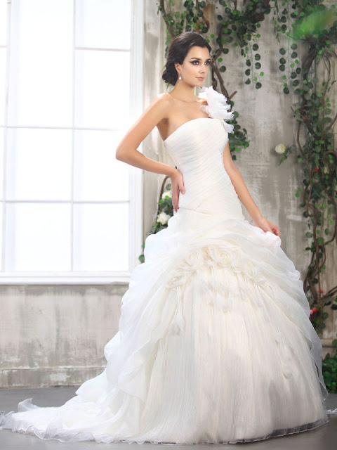 stunning-One-shoulder-organza-ball-gown-floor-length-dropped-with-flowers-wedding-dress