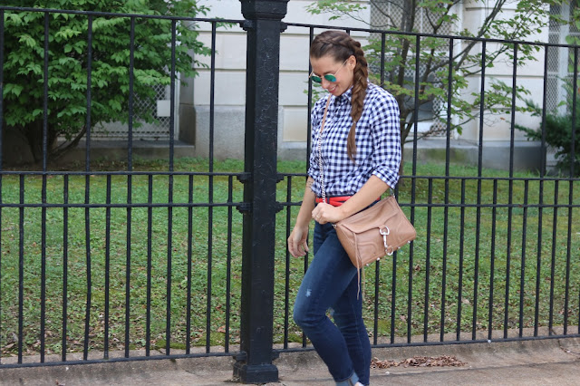 j crew factory gingham plaid shirt gap resolution destroyed skinny jeans high waisted converse white chuck taylor ray ban round mirrored sunglasses rebecca minkoff mac red patent leather skinny belt festival rockabilly style