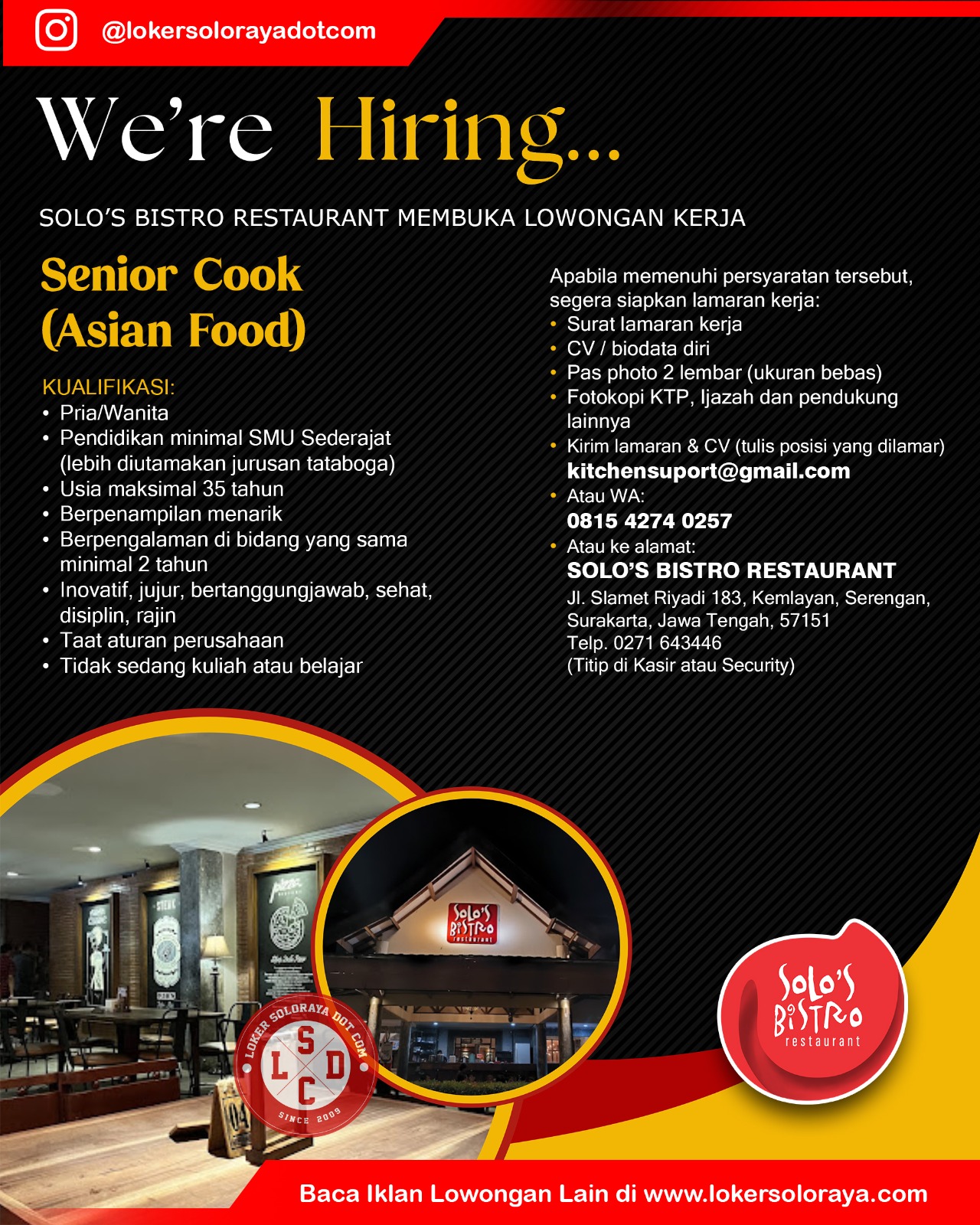 Loker Solo untuk 6 Posisi di Solo's Bistro Restaurant