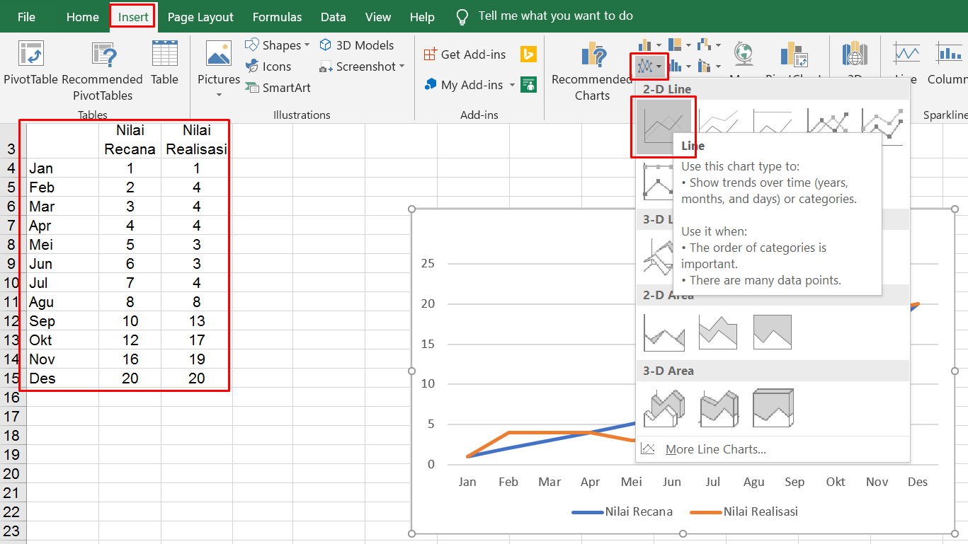Cara Membuat Grafik Deviasi Bentuk Garis di Excel