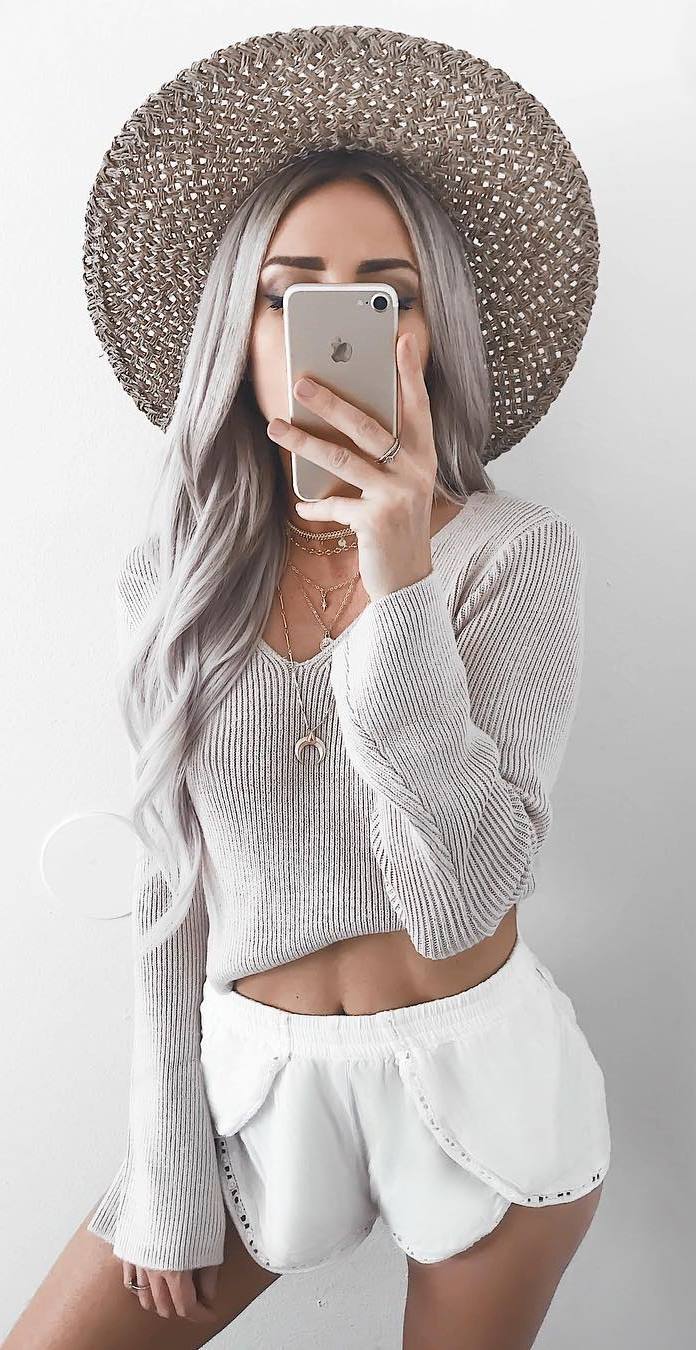trendy outfit / hat + sweater + white shorts