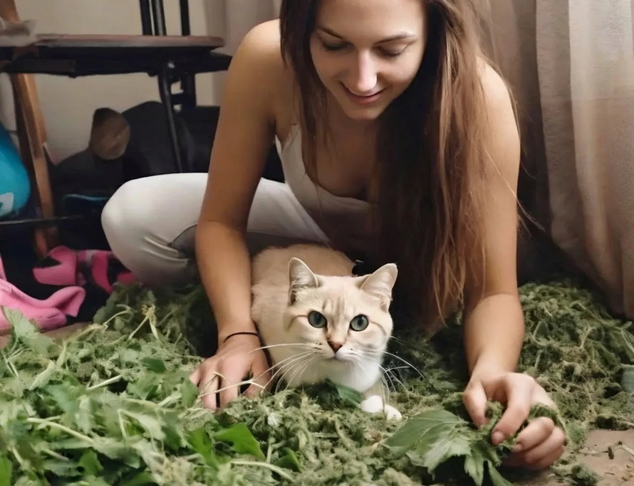 a cute cat is playing in the catnip. a 25 year old girl is holding the cat. the girl is wearing a white pant.