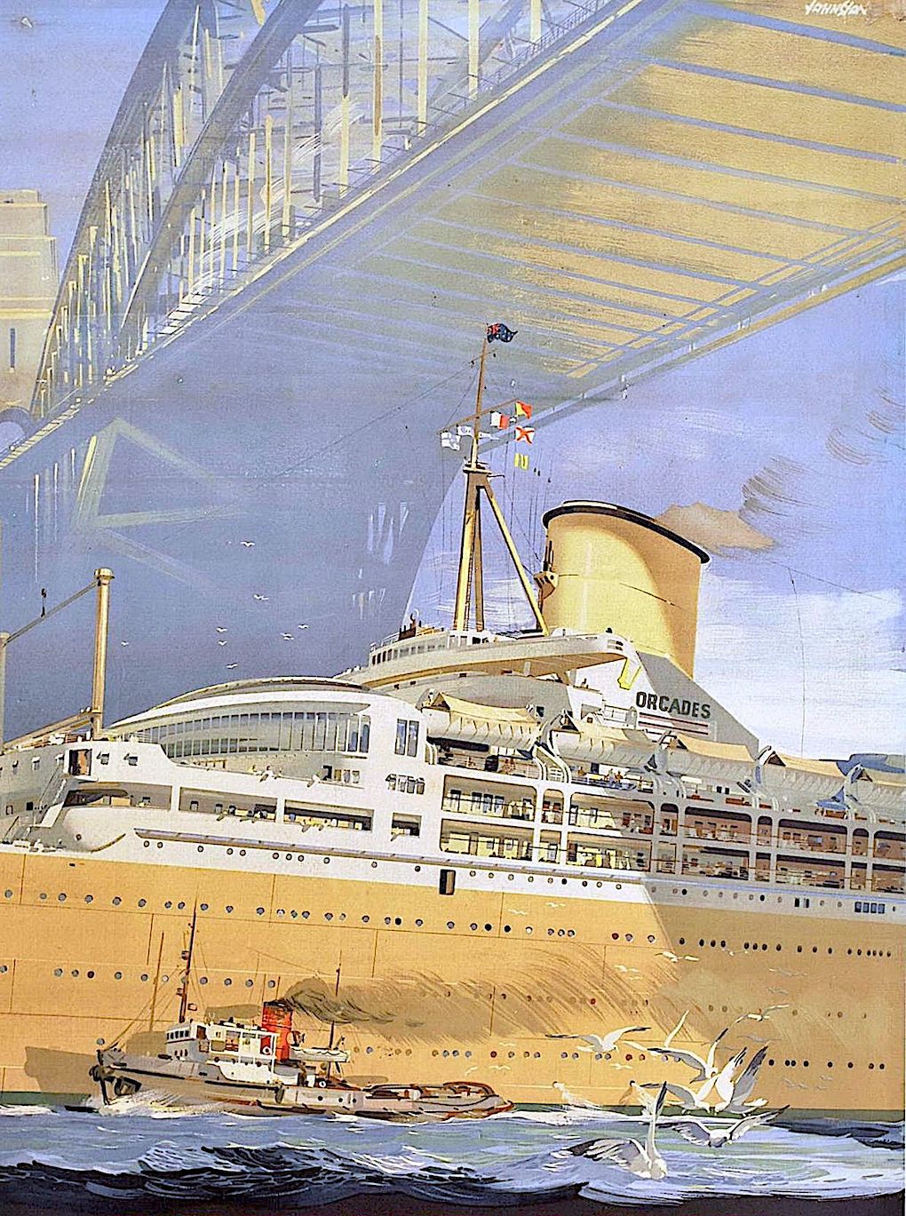 a 1948 travel poster, a giant passenger ship going under a bridge