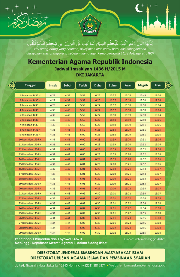 Jadwal Imsakiyah Ramadhan 1436 H/2015 M untuk DKI Jakarta