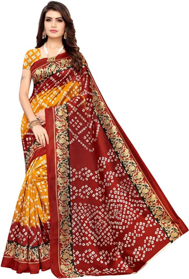 Printed, Geometric Print Bandhani Poly Silk, Cotton Silk Saree  (Red, Yellow)