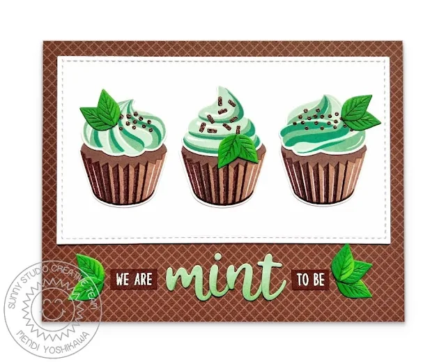 Sunny Studio We Are Mint To Be Punny Card (using Scrumptious Cupcakes Stamps, Hayley Alphabet, Out On A Limb & Stitched Rectangle Dies & Gingham Jewels Tone Paper)