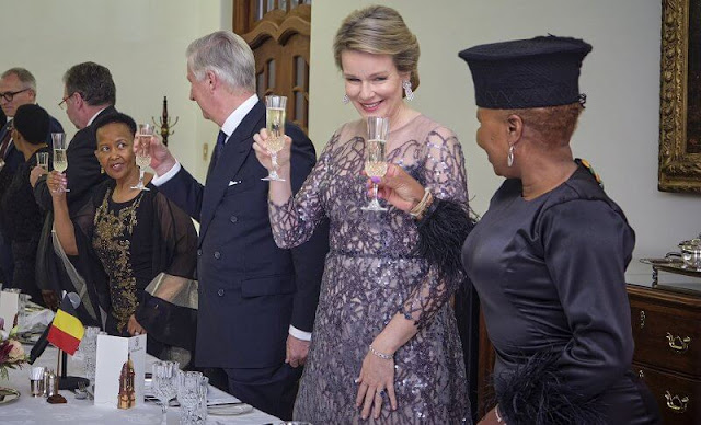 Queen Mathilde wore an embroidered tulle dress by Natan. President Cyril Ramaphosa and Minister Lindiwe Zulu