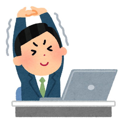 仕事中に伸びをする会社員のイラスト（男性）