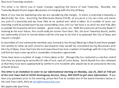 Lent Township merger letter