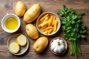Ingredients for Garlic Fries, including potatoes, garlic, olive oil, and fresh parsley, arranged on a wooden table.