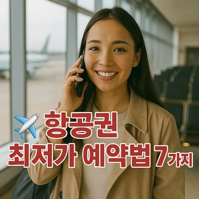 밝은 공항 터미널에서 트렌치코트를 입고 미소 지으며 통화 중인 20대 한국 여성 항공권 최저가 예약법 7가지
