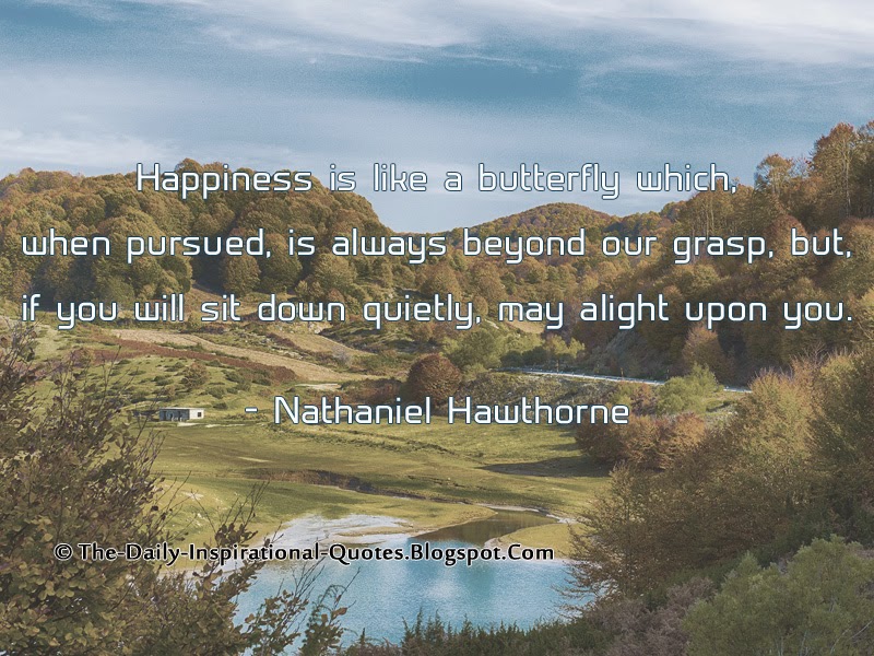 Happiness is like a butterfly which, when pursued, is always beyond our grasp, but, if you will sit down quietly, may alight upon you. - Nathaniel Hawthorne