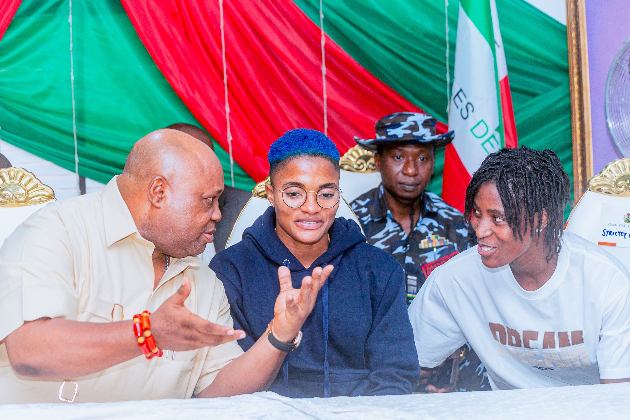 Executive Governor of Osun State, Ademola Adeleke, with Super Falcons of Nigeria, Rasheedat Ajibade and Rofiat Imuran on Sunday 13 August, 2023