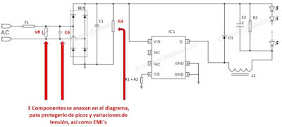 Diagrama que muestra qué componentes anexar a las lamparas LEDs para protegerlas.