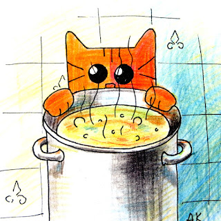 кот смотрит в кастрюлю с супом