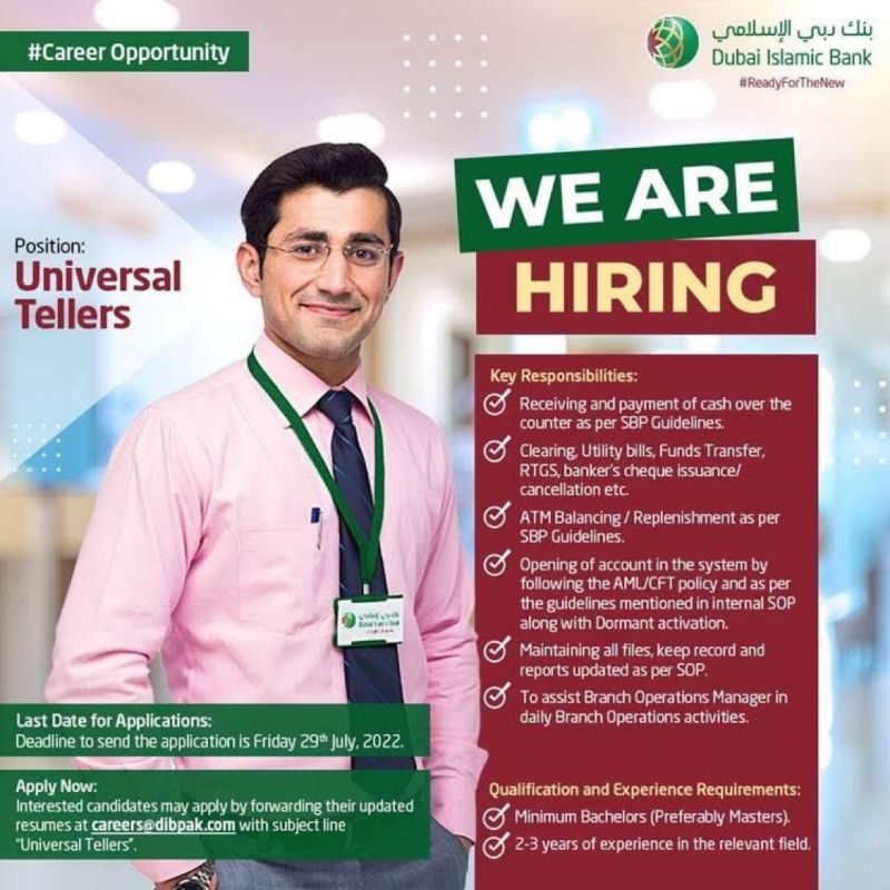Dubai Islamic Bank Pakistan Limited (DIBPL) Announced Jobs for Universal Tellers
