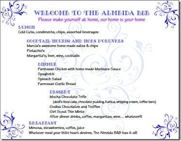 Menu Slumber Party