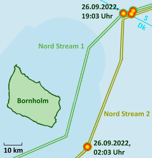 Locations of the explosions caused by the Nord Stream attacks on Sept. 26.