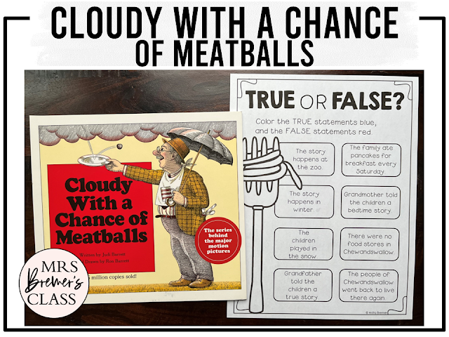 Cloudy With a Chance of Meatballs book activities unit with literacy printables, reading companion worksheets, and lesson ideas for Kindergarten, First Grade, and Second Grade