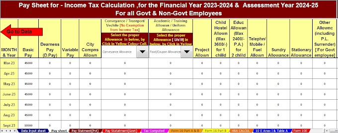 Download Auto Calculate Income Tax Preparation Software in Excel All in One for the Government and Private Employees for the F.Y.2023-24 and A.Y.2024-25 with New TDS rules effective April 1, 2023