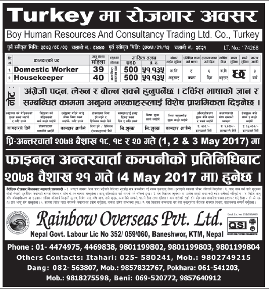 Jobs in Turkey Europe for Nepali, Salary Rs 51,135