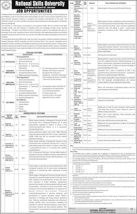 National Skills University Jobs 2020