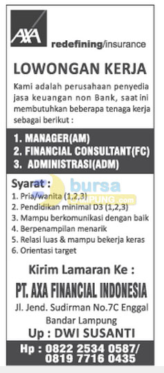 Lowongan Manager, Admin PT. AXA Financial Indonesia