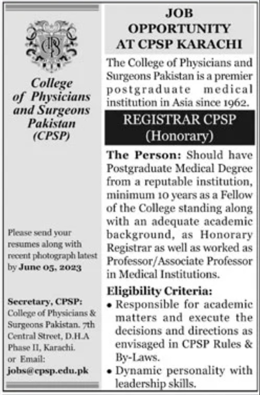College of Physician & Surgeons Pakistan CPSP Jobs 2023