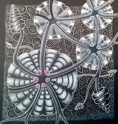 abstract flower, flower drawing, white gel pen, black paper