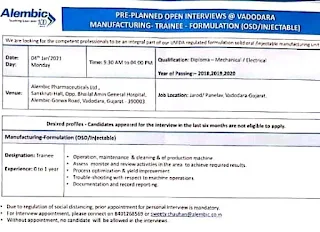 Job Interviews for Diploma Mechanical / Electricals Freshers in Alembic Pharmaceuticals Ltd Vadodara, Gujarat