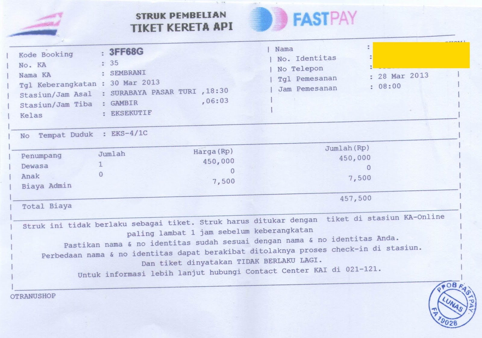 Contoh Struk Pembelian Tiket Kereta Api