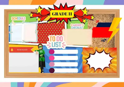 A vibrant bulletin board adorned with colorful student artwork, showcasing their creativity and adding an engaging touch to the high school classroom