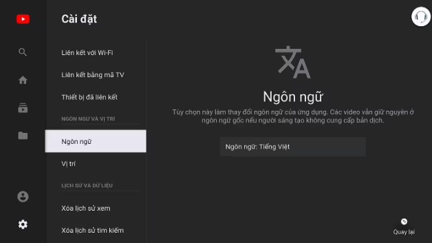 Vào mục Cài đặt trên Youtube và chọn Ngôn ngữ.