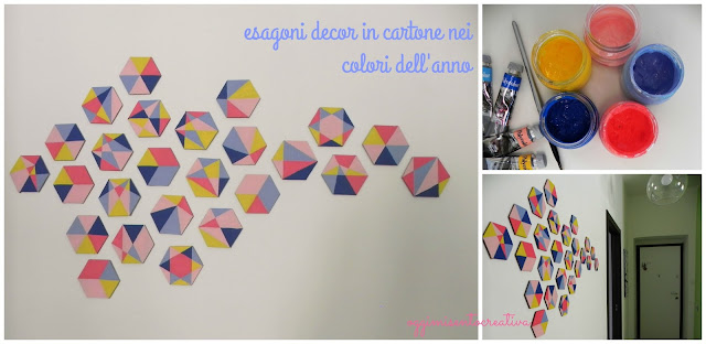 Esagoni in cartone dipinti con colori acrilici per decorare una parete primaverile