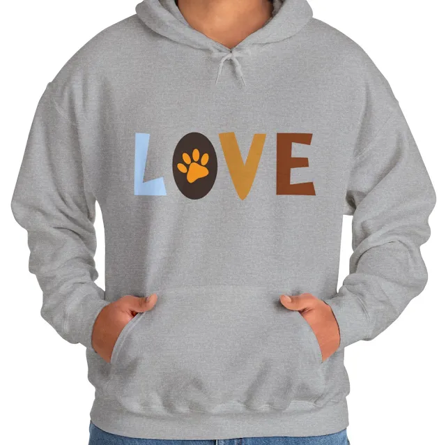 A Unisex Heavy Blend Hoodie With Dog Paw Print on Love Text, Illustration