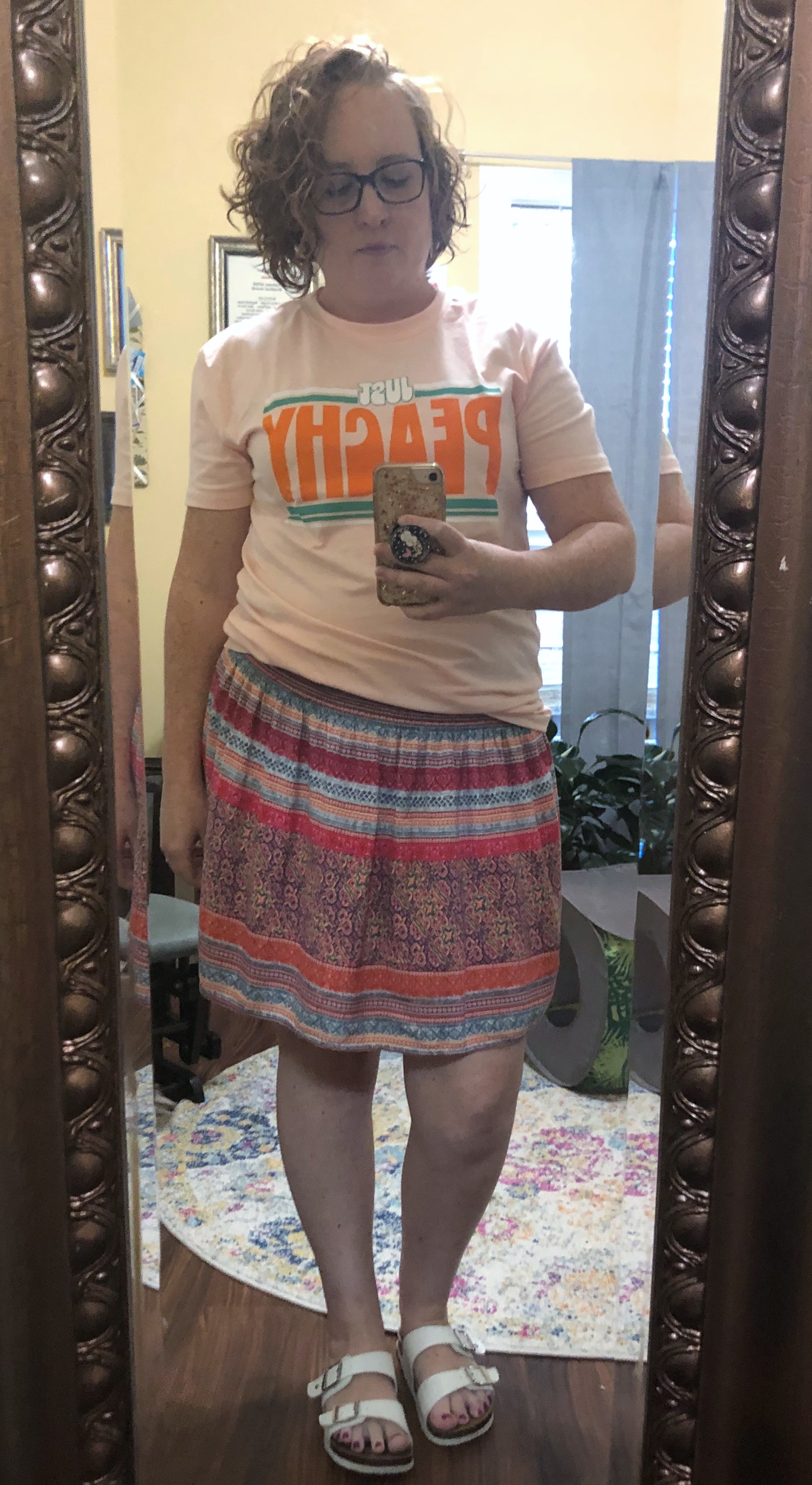 just peachy tshirt with boho skirt