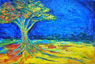 Tree in field of loneliness oil painting