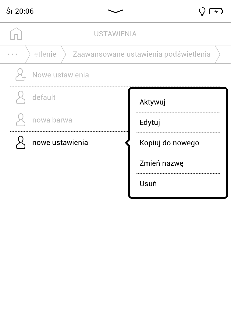 PocketBook Touch Lux 5 – menu profilu ustawień podświetlenia