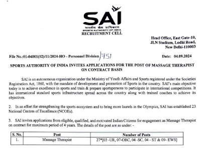 SAI Massage Therapist Jobs Notification 2024 for 27 Posts The Sports Authority of India has released a SAI Massage Therapist Jobs Notification 2024 for the Massage Therapist post with 27 Vacancies. The Application process starts on 5th September 2024 and closes on 20th September 2024.  The selection process for the SAI Massage Therapist Jobs 2024 is based on the Written Exam, Practical Test & Interview. The Interested candidates can fill out the application form through online. For more details visit the official website, sportsauthorityofindia.nic.in.  SAI Massage Therapist Jobs Notification 2024 – Overview: