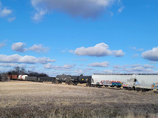 A train cuts the photo in half, dried grassy plain in the foreground, bluebird sky with white puffy clouds in the background.