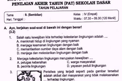 Soal Ulangan Kelas 4 Tema 9 Kurikulum 2013 