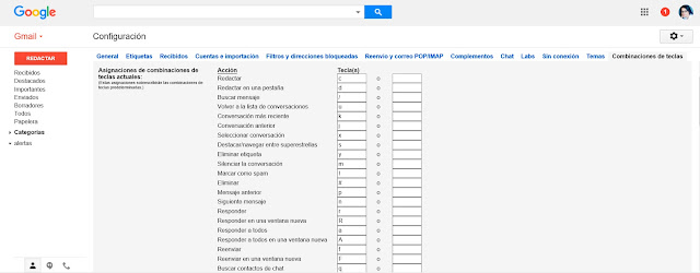 Pestaña Combinación de teclas de la configuración de Gmail. Cada acción tiene asociada dos campos de texto para asociar dos teclas o combinación de teclas a cada una. 