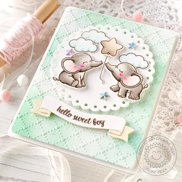 Sunny Studio Stamps: Baby Elephant Card Set by Nicky Meeks (featuring Quilted Heart Dies, Fluffy Clouds, Brilliant Banner Dies, Scalloped Circle Mat Dies)